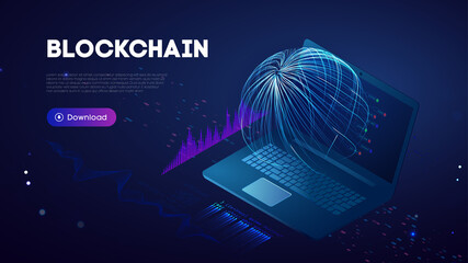 Blockchain technology background. Abstract finance internet technology and cryptocurrency exchange. Abstract sport background. Big data and data protection. Purple flow 3d vector illustration.