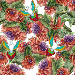 Floral background with flowers and bird . Handmade seamless pattern with ornament painting in watercolor.