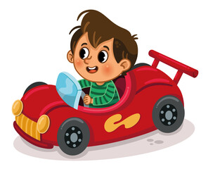 Wall Mural - Vector illustration of little boy driving a toy car.