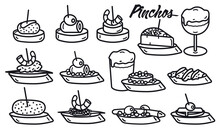 Illustrations Symbols Of Typical Spanish Bar Snacks. Text In Spanish Of Food (pinchos). Bread Appetizer With Food On Top. Sketch Of Icons For Web, Brochures, Posters, Flyers.Vector.
