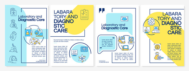 Laboratory and diagnostic care blue and yellow brochure template. Leaflet design with linear icons. 4 vector layouts for presentation, annual reports. Questrial, Lato-Regular fonts used