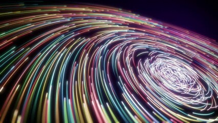 Wall Mural - Hundreds of neon lines slowly fly in orbit, forming a futuristic background.