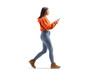 Full length profile shot of a tredny young female walking and using a smartphone