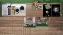 Green and wooden kitchen close up top view, open drawers with accessories, sink with fruit, hob with pot, egg in a pan, cutting boards. Plan, above with copy space, interior design