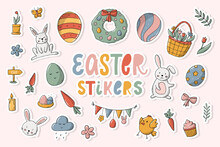 Easter Stickers Pack. Hand Drawn Doodles, Clipart In Cartoon Style With White Edge. Prints, Labels, Planner, Holiday Decor, Mugs, Magnets Design. EPS 10