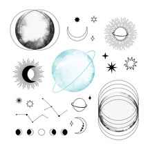 Watercolor And Outline Vector Illustrations. Universe Signs. Black And Blue Planets With Watercolor Splashes. Linear Stars, Moon, Planet. Space. Perfect For Logo, Card, Print, Branding