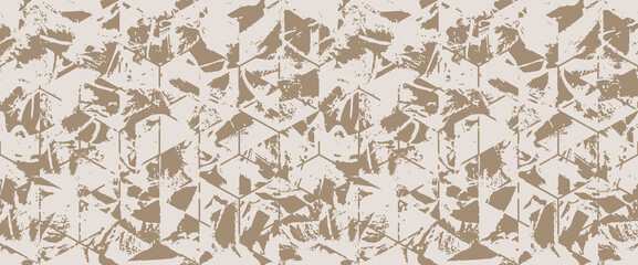 Wall Mural - Grunge strokes geometrical cube camouflage print, modern fashion design. Paint hexagon camo military pattern. Army uniform. Vector seamless urban texture