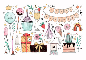 Hand drawn pencil and watercolor illustrations - happy birthday sketches. Cake, cupcake, candles, stars, champagne, strawberry and other drawings. Perfect for bday cards, posters, prints