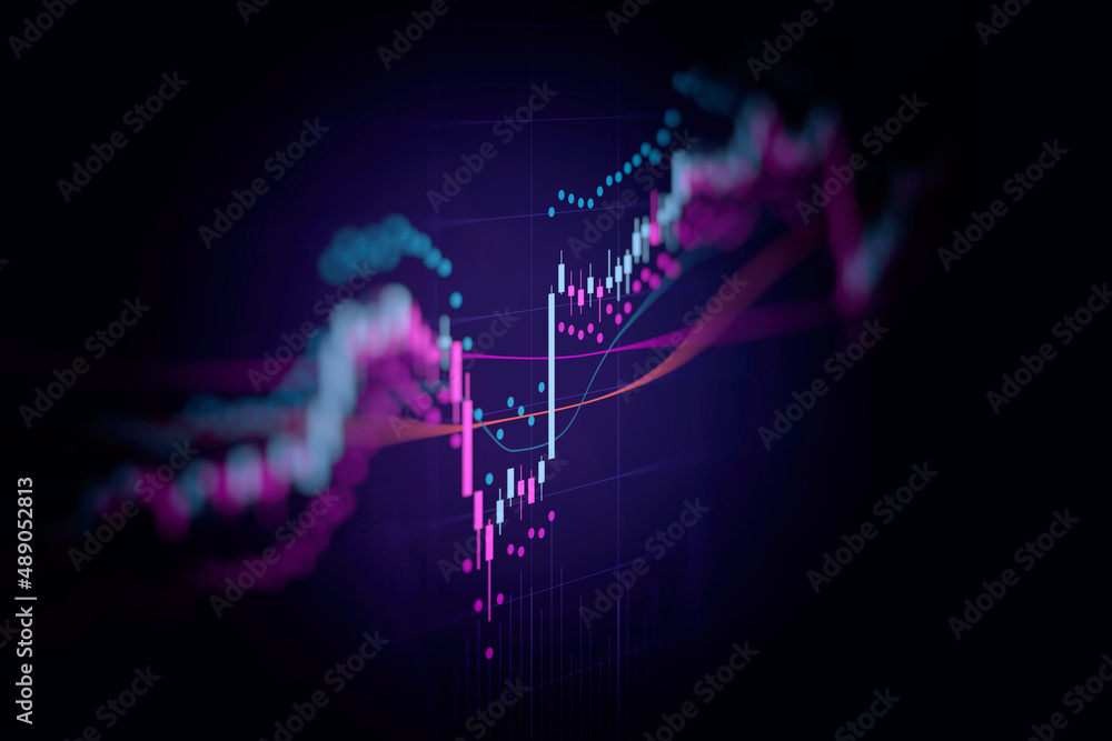 Financial graph with up trend line candlestick chart in stock market on neon blue and purple color background
