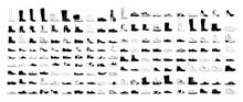 Collection Of Shoes Of Different Types. Black And White Icons Of Women's And Men's Shoes On A White Background.