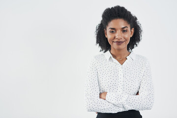 Poster - Know your worth. Studio shot of a confident young businesswoman against a gray background.