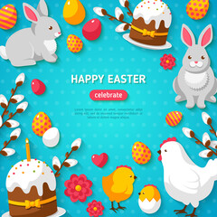 Wall Mural - Happy Easter Blue Background. Vector Illustration. Flat Easter Icons Frame. Spring Holiday Concept with place for text. Easter template design, greeting card.
