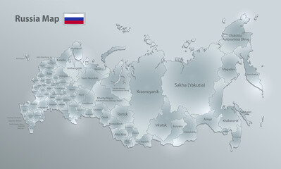 Russia map and flag, administrative division individual regions and names, design glass card 3D vector