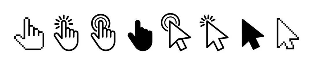 Computer Mouse click cursor. Mouse pointers set. Black vector icons of arrows and hands. Vector clipart.