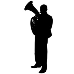 Silhouette of musician playing the tuba on a white background