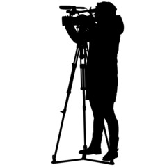 Wall Mural - Camerawoman with video camera. Silhouettes on white background