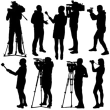 Set Cameraman With Video Camera. Silhouettes On White Background