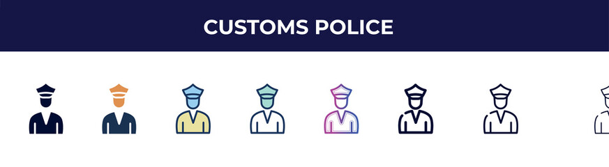 customs police icon in 8 styles. line, filled, glyph, thin outline, colorful, stroke and gradient styles, customs police vector sign. symbol, logo illustration. different style icons set.