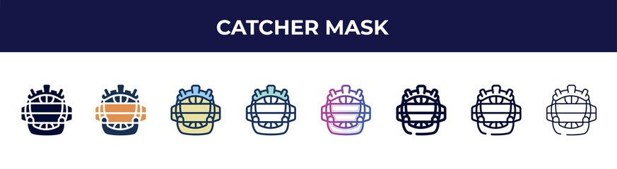 Poster - catcher mask icon in 8 styles. line, filled, glyph, thin outline, colorful, stroke and gradient styles, catcher mask vector sign. symbol, logo illustration. different style icons set.