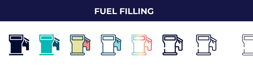 fuel filling icon in 8 styles. line, filled, glyph, thin outline, colorful, stroke and gradient styles, fuel filling vector sign. symbol, logo illustration. different style icons set.