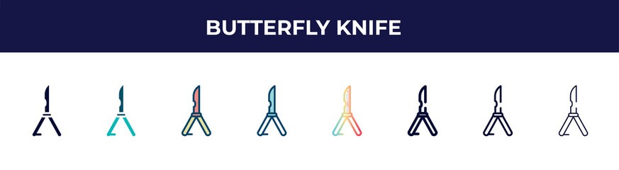 butterfly knife icon in 8 styles. line, filled, glyph, thin outline, colorful, stroke and gradient styles, butterfly knife vector sign. symbol, logo illustration. different style icons set.