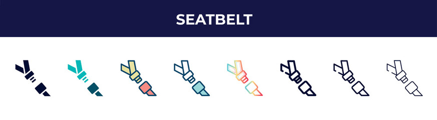 seatbelt icon in 8 styles. line, filled, glyph, thin outline, colorful, stroke and gradient styles, seatbelt vector sign. symbol, logo illustration. different style icons set.