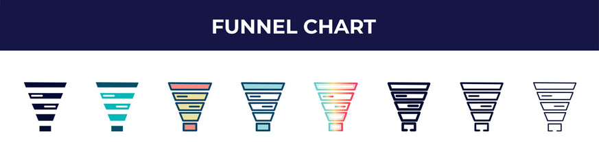 Canvas Print - funnel chart icon in 8 styles. line, filled, glyph, thin outline, colorful, stroke and gradient styles, funnel chart vector sign. symbol, logo illustration. different style icons set.