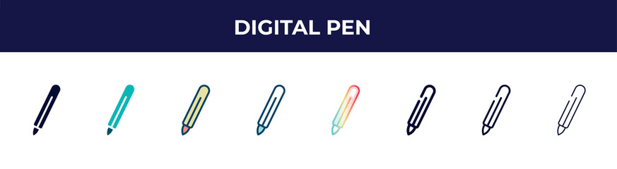 digital pen icon in 8 styles. line, filled, glyph, thin outline, colorful, stroke and gradient styles, digital pen vector sign. symbol, logo illustration. different style icons set.