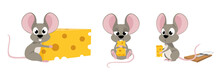 Vector Illustration Cute And Beautiful Mouse On White Background. Charming Character In Different Poses Sitting With A Big Cheese, And Stealing From A Mousetrap In Cartoon Style.