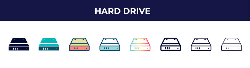 Poster - hard drive icon in 8 styles. line, filled, glyph, thin outline, colorful, stroke and gradient styles, hard drive vector sign. symbol, logo illustration. different style icons set.