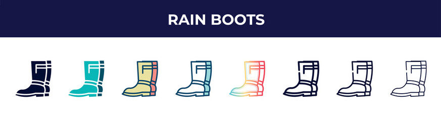 rain boots icon in 8 styles. line, filled, glyph, thin outline, colorful, stroke and gradient styles, rain boots vector sign. symbol, logo illustration. different style icons set.