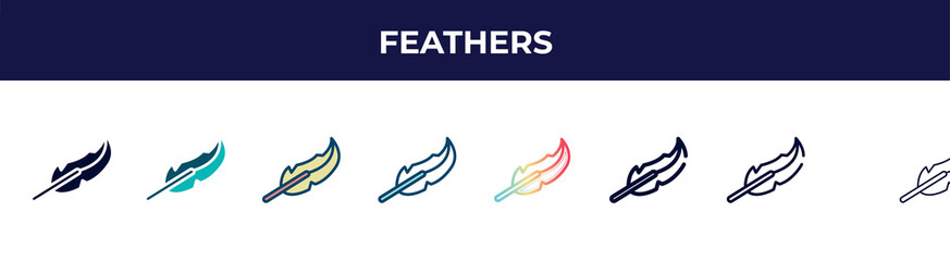 feathers icon in 8 styles. line, filled, glyph, thin outline, colorful, stroke and gradient styles, feathers vector sign. symbol, logo illustration. different style icons set.