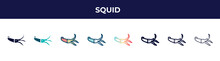 Squid Icon In 8 Styles. Line, Filled, Glyph, Thin Outline, Colorful, Stroke And Gradient Styles, Squid Vector Sign. Symbol, Logo Illustration. Different Style Icons Set.
