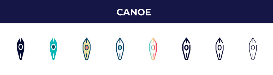 canoe icon in 8 styles. line, filled, glyph, thin outline, colorful, stroke and gradient styles, canoe vector sign. symbol, logo illustration. different style icons set.