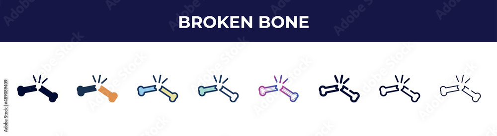 broken bone icon in 8 styles. line, filled, glyph, thin outline ...