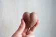 Ugly potato in the heart shape in hands on a gray concrete background. Funny, unnormal vegetable or food waste concept