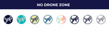 No Drone Zone Icon In 8 Styles. Line, Filled, Glyph, Thin Outline, Colorful, Stroke And Gradient Styles, No Drone Zone Vector Sign. Symbol, Logo Illustration. Different Style Icons Set.