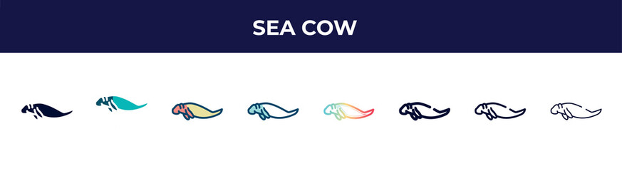 sea cow icon in 8 styles. line, filled, glyph, thin outline, colorful, stroke and gradient styles, sea cow vector sign. symbol, logo illustration. different style icons set.