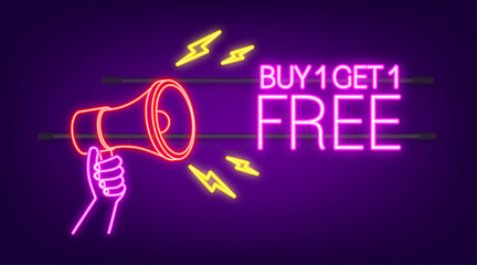 Poster - Buy 1 Get 1 Free, sale tag, banner design template. Neon icon. Vector stock illustration.