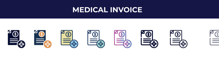 medical invoice icon in 8 styles. line, filled, glyph, thin outline, colorful, stroke and gradient styles, medical invoice vector sign. symbol, logo illustration. different style icons set.