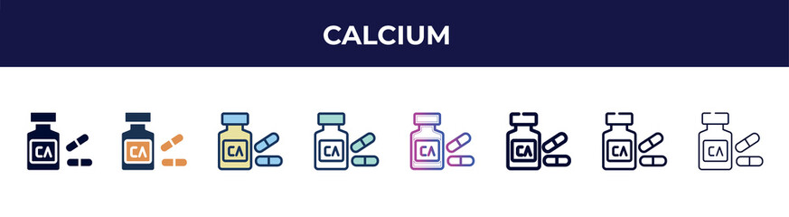 calcium icon in 8 styles. line, filled, glyph, thin outline, colorful, stroke and gradient styles, calcium vector sign. symbol, logo illustration. different style icons set.