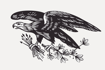 Vector eagle emblem with arrows and olives branch in the paws. Illustration of US history and 4th of July celebration in engraving style.