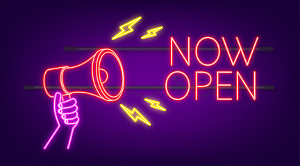 Wall Mural - Neon megaphone label with now open. Megaphone banner. Web design. Vector stock illustration.