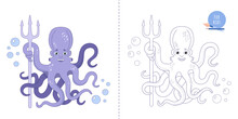 Coloring Page For Childrens And Adults. Cute Purple Octopus With A Trident For A Coloring Book. Vector Illustration In A Flat Style.