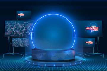 Leinwandbilder - A futuristic realistic studio for recording television programs effect of crushing screens. Dark cyberspace with burning monitors, wires and working equipment. Table, podium, presentation monitor.