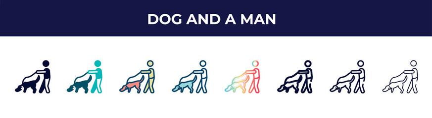 dog and a man icon in 8 styles. line, filled, glyph, thin outline, colorful, stroke and gradient styles, dog and a man vector sign. symbol, logo illustration. different style icons set.