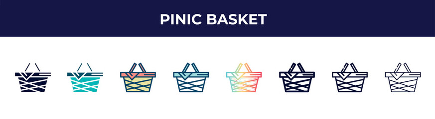 pinic basket icon in 8 styles. line, filled, glyph, thin outline, colorful, stroke and gradient styles, pinic basket vector sign. symbol, logo illustration. different style icons set.