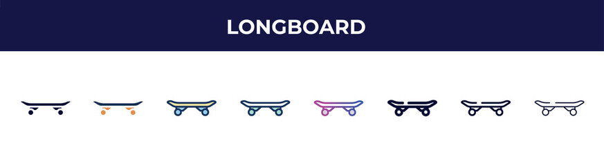 longboard icon in 8 styles. line, filled, glyph, thin outline, colorful, stroke and gradient styles, longboard vector sign. symbol, logo illustration. different style icons set.