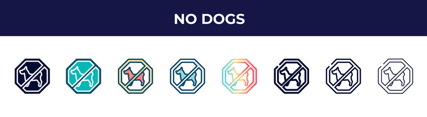 no dogs icon in 8 styles. line, filled, glyph, thin outline, colorful, stroke and gradient styles, no dogs vector sign. symbol, logo illustration. different style icons set.