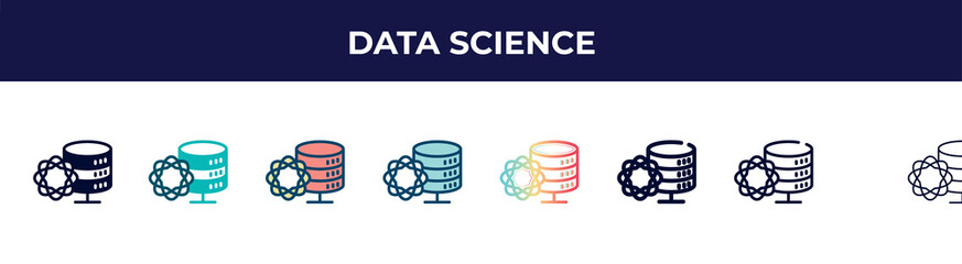 data science icon in 8 styles. line, filled, glyph, thin outline, colorful, stroke and gradient styles, data science vector sign. symbol, logo illustration. different style icons set.
